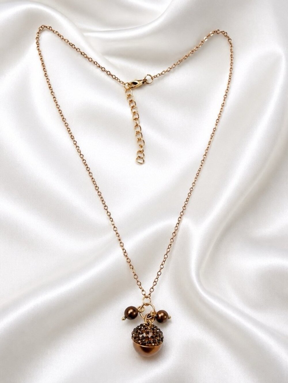 Vintage Gold Tone Enamel Acorn Pendant Necklace Brown Crystal Adjustable 18” - Picture 7 of 9